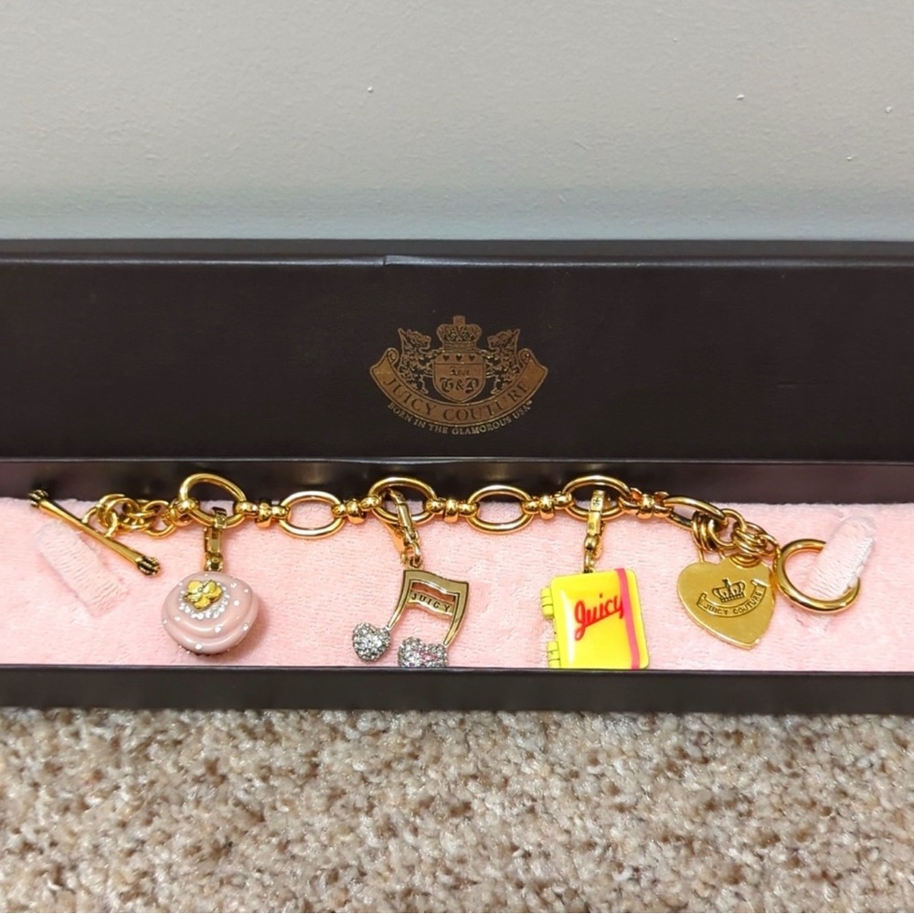 Juicy Couture Gold-Tone Charm Bracelet with Pink, Yellow & Clear Accents